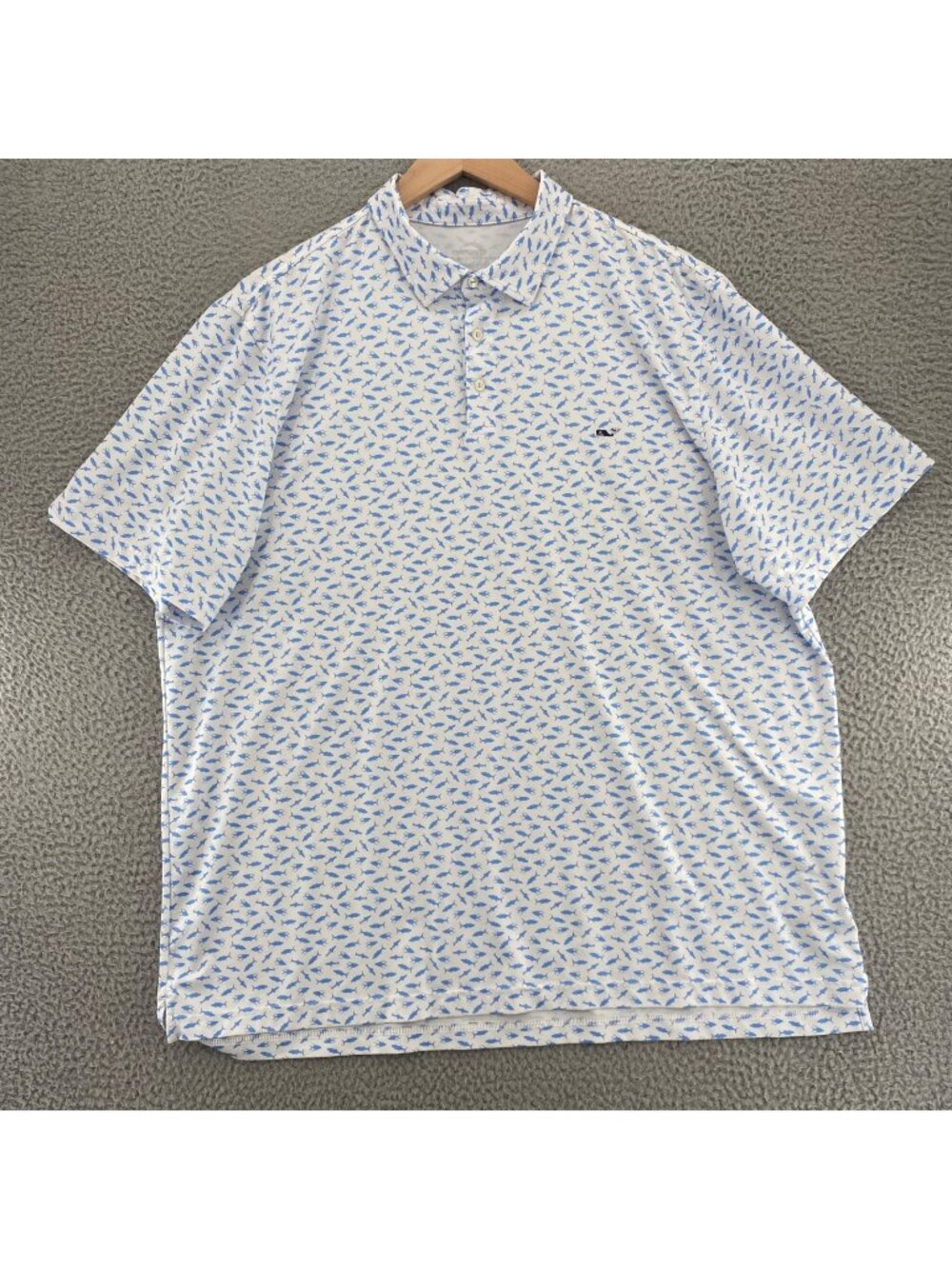 Vineyard Vines Polo Mens 2XL On The Go Sankaty Blue Fish Polka Dot Stretch Shirt